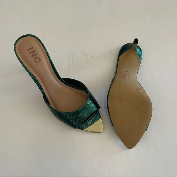INC Emerald Snake Print Green and Gold Open-Toe Heels Sandals - Picture 7 of 8